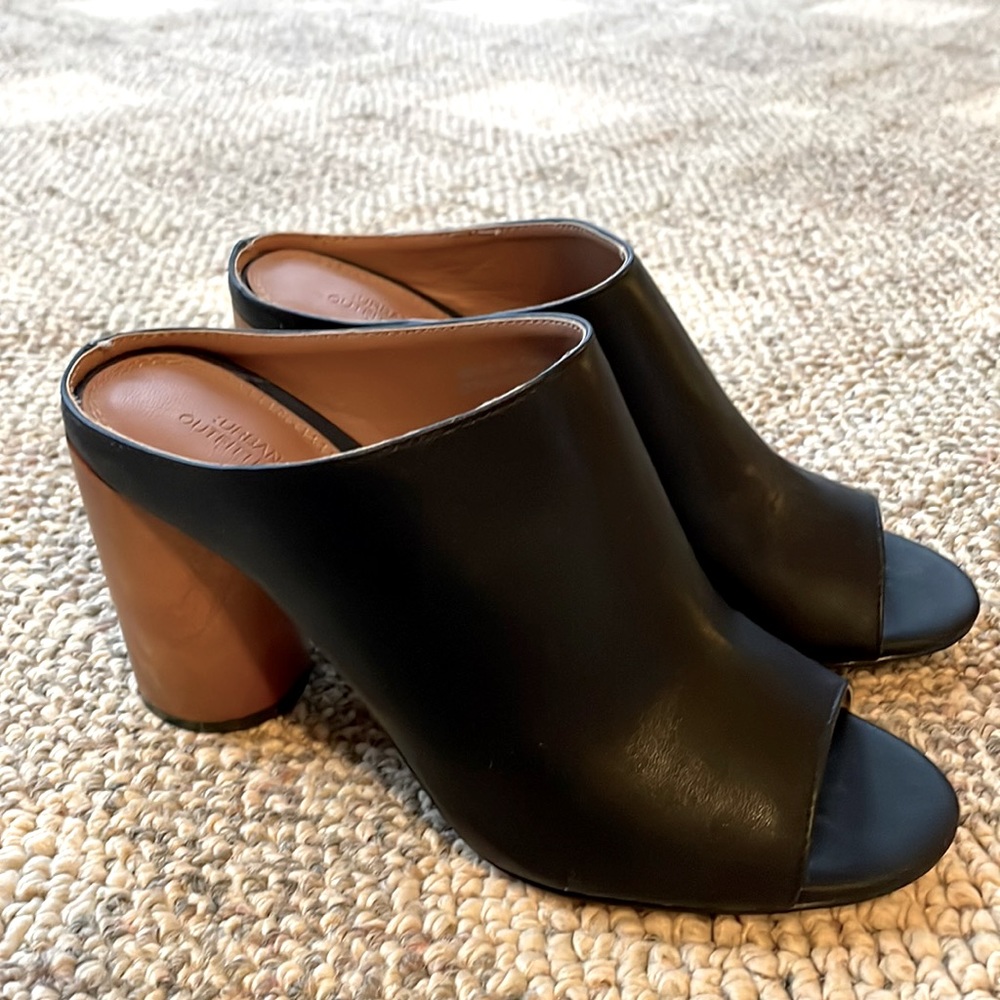 Tahari Black Leather Open-Toe Mule Heels with Brown Block Heel